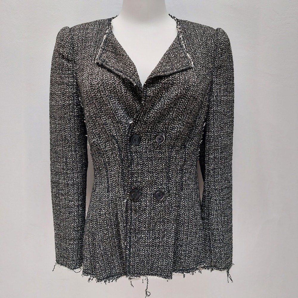 Rebecca Taylor Tweed Jacket Women's 0 Black White Double Breasted Raw Hem Office